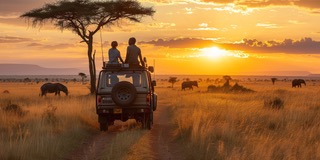 Safari vehicle watching wildlife at sunset in Africa