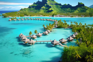 Overwater bungalows in Bora Bora with turquoise lagoon